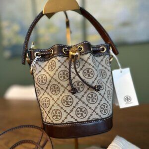 NWT! NEW Tory Burch T Monogram Jacquard Mini Bucket Bag -Tan -leather trim